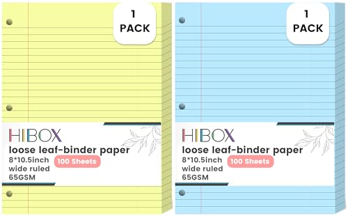 200 Sheets Loose Leaf Paper, 100 Yellow & 100 Blue Wide Ruled Paper, 8"x10.5", 3-Hole Punched for Binders, School, College & Office Use, Fights Ink Bleed