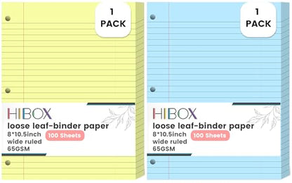 200 Sheets Loose Leaf Paper, 100 Yellow & 100 Blue Wide Ruled Paper, 8"x10.5", 3-Hole Punched for Binders, School, College & Office Use, Fights Ink Bleed