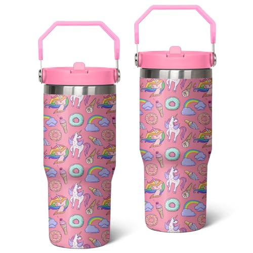 Queen Hero 30 oz Unicorn Tumbler with Handle, Large Insulated Tumbler with Flip & Straw Coffee Mug Cup Stainless Steel Gifts for Women Men Youth - color: Unicorn