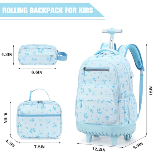 ACESAK Rolling Backpack for Girls - Roller Wheels School bag with Lunch Bag & Pencil Pouch for Teen Girls Kids Wheeled Suitcase Backpacks, Elementary Middle School Travel Daypack (Blue Bow) - color: Blue Bow