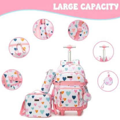 Meetbelify Rolling Backpack for Girls Boys Backpacks with Wheels Kids Carry on Luggage for Girls Boys - color: White Love