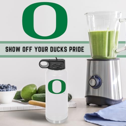 University of Oregon 32oz Stainless Steel Double Walled White Beverage Bottle with Flip Straw Spout - College Gear for Playoff Season – For Office, Home or Auto – Show your Ducks Pride - style: Oregon / White