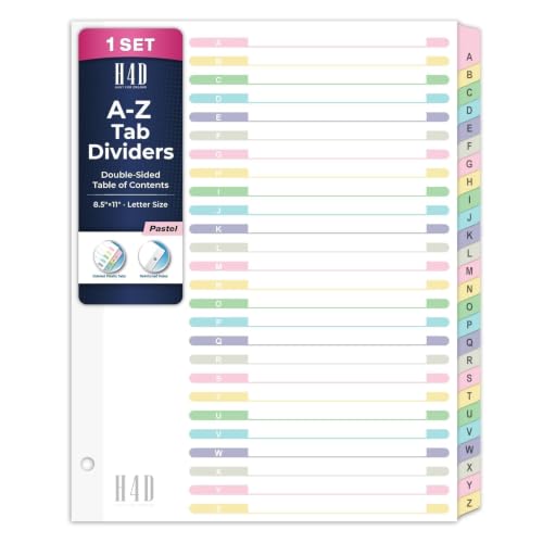 H4D Alphabet Binder Dividers for 3-Ring Binder, A-Z Tabs, Pastel, 1 Set | Customizable Table of Contents, Multicolor Tabs, Reinforced Holes, Letter Size, 26 Tabs per Set - color: Pastel Colors