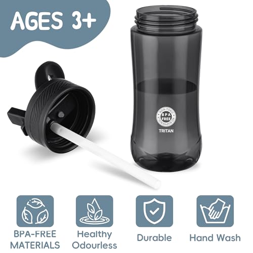 14oz Clear Kids Water Bottle with Straw Lid, BPA-Free Tritan, Measurement Scale, Sturdy Handle Wide Mouth Leak-proof Reusable Plastic Bottle for Boy& Girls, Back to School(Black) - color: Black