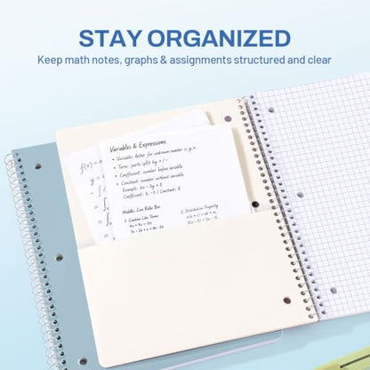 SUNEE Spiral Notebook, 1-Subject, Graph Ruled Paper, 8" x 10-1/2", 100 Sheets per Notebook, 3-Hole Punched Paper, Water Resistant Cover, Spiral Grid Notebooks for Work, Home, School, Grey Blue - color: Grey Blue