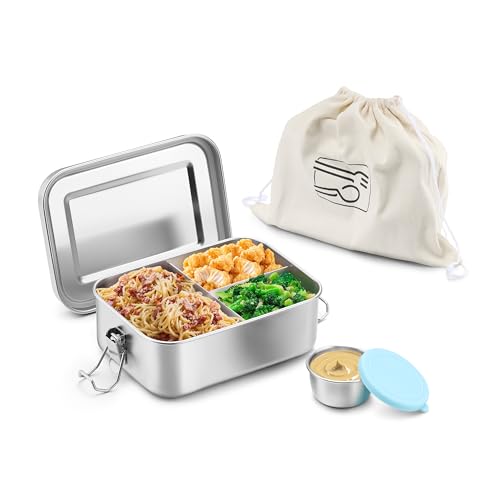 HaWare Stainless Steel Bento Lunch Box, 29oz (850ML) with Divider | 3 Compartment, Blue Condiment Container &Carrying Bag Included, Leak-Proof, Dishwasher Safe - color: Sky Blue, size: 29oz-(850ml)