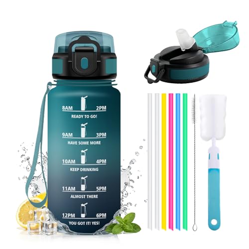 500ml Motivational Water Bottle with Straw, Leak Proof Water Bottle with Time Indicator for Yoga, Running, Students, Office, Sports, Gym - color: 500ml - Dark Green + Grey, size: 16.9 Ounces