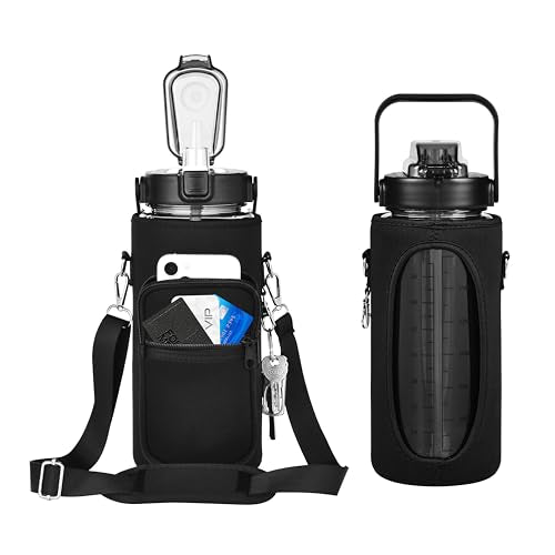 RYI Half Gallon Water Bottle with Sleeve & Strap 64 OZ Motivational Water Bottles with Straw Large Wide Mouth Water Jug with Time Marker for Fitness, Gym and Outdoor Sports, Leak-proof & BPA Free - color: Clear-black/ black sleeve