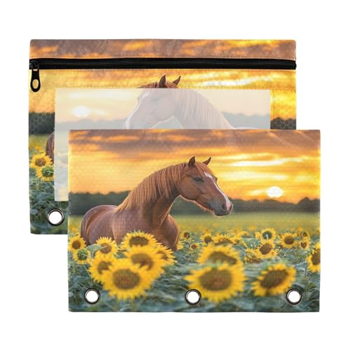 Kcldeci Pencil Pouch for 3 Ring Binder, Horse Sunflower 2 Pack Binder Pencil Pouch with Clear Window Pencil Bags with Zipper Pencil Case for Binder - color: B06