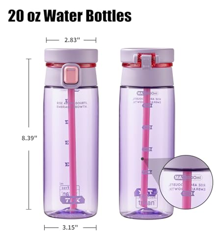 TKK Sports Water Bottle with Straw & Build-in Carrying Handle, Spill-Proof 2-in 1 Lid, 20 oz Plastic Bottles, Dishwasher Safe, Leak-Proof Locking Lid for Kids, Outdoor, School Backpack, Purple - color: Purple