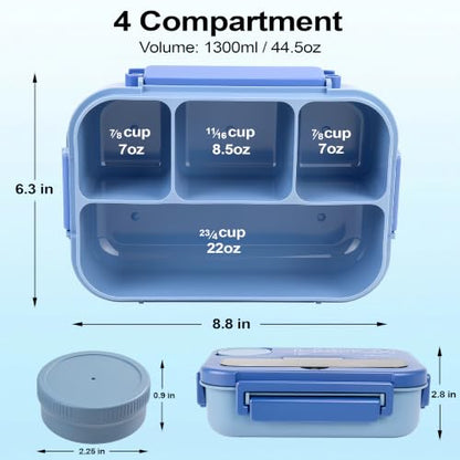 Bento Box Adult Lunch Box, Lunch Containers for Adults 44.5 Oz/5 Cup, Blue | BPA-Free, Lid-Top Sauce Tray, Leak-Proof, 1300mL, Removable Silicone Sealing Ring, Lid-Top Utensil Slot with Included Cutlery - color: Blue
