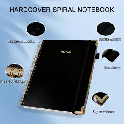 Hardcover Spiral Five Subject Notebook, Multi Subject Notebooks, Black | Removable Dividers, Large Leather Journal, 150 Sheets, 300 Pages, 8.5''x11'', US Letter Size - color: Black
