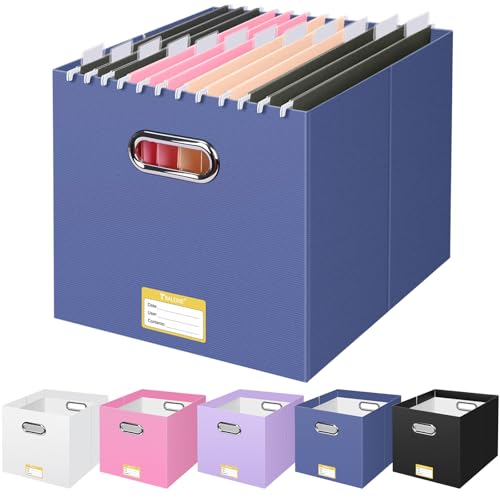 BALEINE File Organizer Box, Cardboard File Folder Organizer with Handle for Letter Size, Portable Collapsible Hanging Filing Box for Home Office Document Storage (1 Pack, Large Navy) - color: Navy, style: 1PK