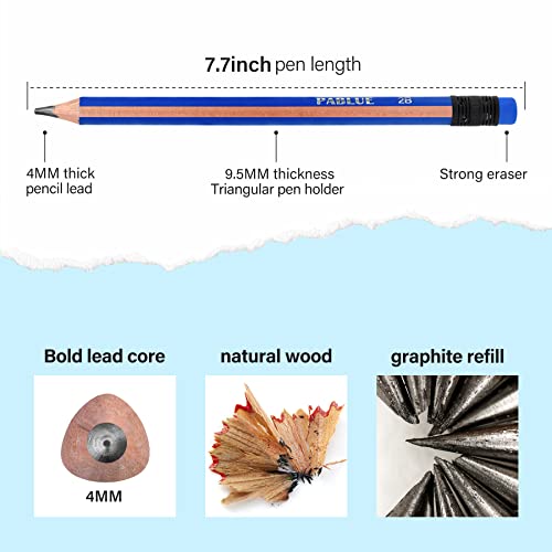 Triangular Jumbo Pencils, 2B Pre-Sharpened with Eraser, Blue, 6 Pcs | Fat, Thick, Strong Wood Triangular Design for Beginners for Writing, Drawing, School, Art, Sketching and Shading - color: Blue, style: 2B Lead