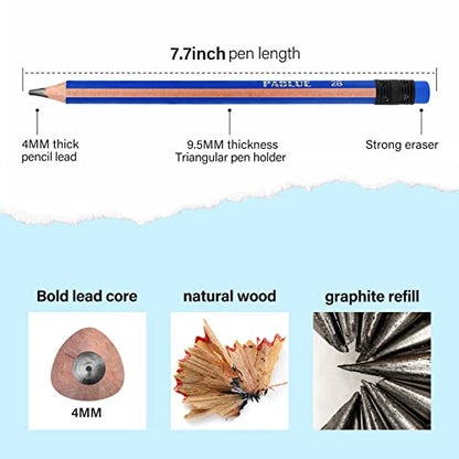 Triangular Jumbo Pencils, 2B Pre-Sharpened with Eraser, Blue, 6 Pcs | Fat, Thick, Strong Wood Triangular Design for Beginners for Writing, Drawing, School, Art, Sketching and Shading - color: Blue, style: 2B Lead
