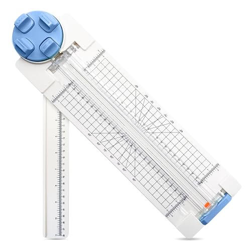 4 in 1 A4 Craft Paper Cutter Rotary Trimmer with Sliding Blade, Safe Precision Paper Trimmer with Grid Lines & Ruler, Multi-Color Cutting Tool for Scrapbook, Cards & DIY Projects (Blue)