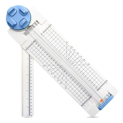 4 in 1 A4 Craft Paper Cutter Rotary Trimmer with Sliding Blade, Safe Precision Paper Trimmer with Grid Lines & Ruler, Multi-Color Cutting Tool for Scrapbook, Cards & DIY Projects (Blue)
