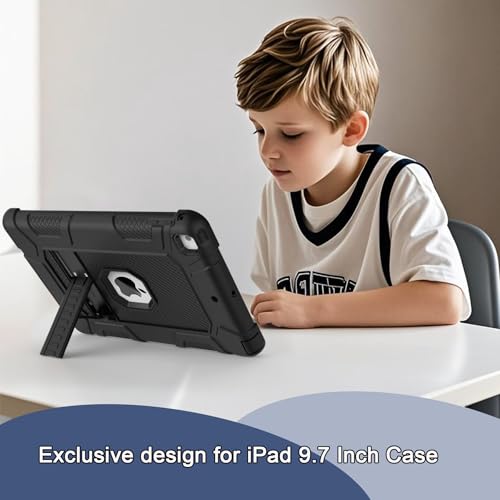 for iPad 6th/5th Generation Case, iPad Air 2 Case 9.7 Inch, [3-in-1] Heavy Duty Shockproof Rugged Protective Cover with Kickstand for A1893 A1954 A1822 A1823 A1566 A1567, Black - color: Black