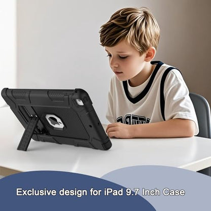 for iPad 6th/5th Generation Case, iPad Air 2 Case 9.7 Inch, [3-in-1] Heavy Duty Shockproof Rugged Protective Cover with Kickstand for A1893 A1954 A1822 A1823 A1566 A1567, Black - color: Black