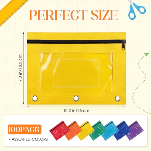 Zhehao 100 Pcs Zipper Binder Pencil Pouches:3 Ring Binder Pencil Pouches with Window Bulk Clear Pen Bags Case for Office School Classroom Supplies(Novel Color,Single Layer) - color: Novel Color, style: Single Layer