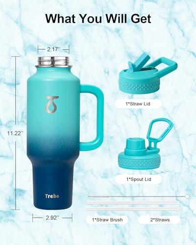 Trebo Insulated Water Bottle 40oz Fits in Car Cup Holder with Side Handle | Stainless Steel Metal Tumbler with Straw Spout Lids, Triple-Wall Vacuum Copper Plated, Cold 48 Hrs Hot 24 Hrs for Travel, Gym - color: Blue, size: 40 Ounces