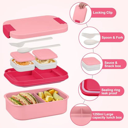 Large Bento Lunch Box Set for Adults Kids Women with 10.5oz Soup Thermo,Coffee Tumblers Men Girls Boys Teenagers Leak-Proof Lunch Food Containers with Lunch Bag - color: Beauty Pink