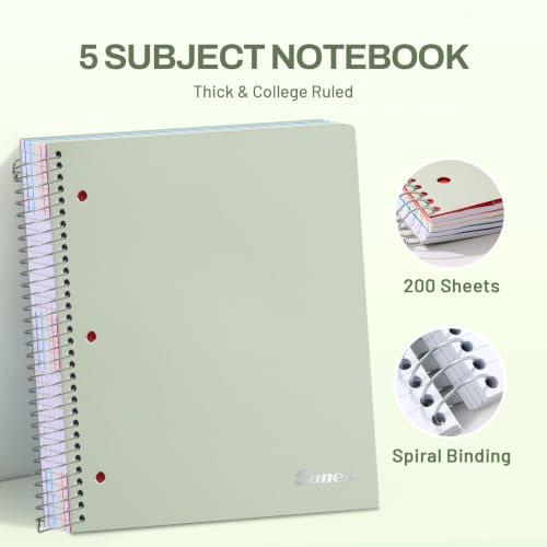 SUNEE 5 Subject Notebook College Ruled - 200 sheets (400 Pages), 9"x11", 5 Pocket Colored Dividers, 3-Hole Punched Paper, Sage Green - color: Sage Green, style: College Ruled