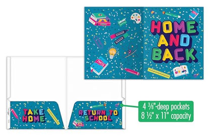 Home & Back Student Homework Folders | Classroom Organization Take-Home 2-Pocket Folder | School-to-Home Communication | Fits 8.5" x 11" Letter Paper | 14-pt Cardstock | Deep 4.5" Pockets | Set of 6