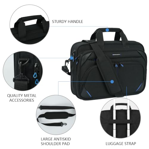 KROSER 15.6 Inch Laptop Briefcase Computer Bag, Messenger Shoulder Bag | Water Repellent Polyester, Detachable Shoulder Strap, Luggage Strap Design for Business, College, Men & Women-Black-Blue - color: Black/Blue, size: 15.6 INCH