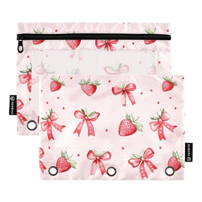 Binder Pencil Pouch for 3 Ring Binder Pencil Case Bags Strawberry Bows Cute with Zipper Girls Clear Window 2 Pack - color: Strawberry Bows Cute