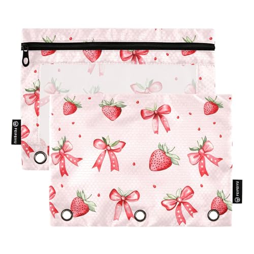 Binder Pencil Pouch for 3 Ring Binder Pencil Case Bags Strawberry Bows Cute with Zipper Girls Clear Window 2 Pack - color: Strawberry Bows Cute