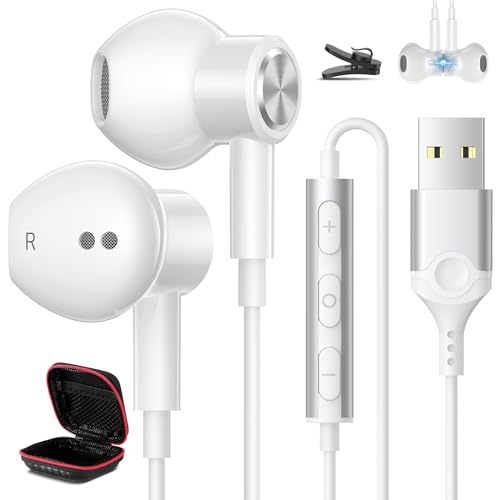 USB Headphones for PC Laptop Magnetic 7.5ft Wired Earbuds,Computer Headset with Mic Control Mute Noise Isolate Cord in Ear Gaming Earphone for MacBook Pro Office Work School Zoom Chromebook - color: White