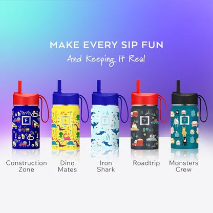 IRON °FLASK 14 oz Kids Insulated Water Bottle | Vacuum Insulated Kids Water Bottle with Leakproof Straw Lid & 20 Name Stickers - BPA Free (Party Town) - color: Party Town, size: 10 Ounces