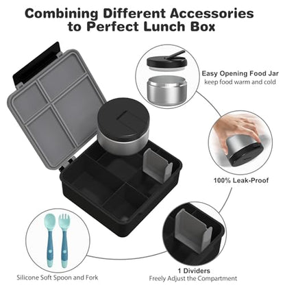 Kids Bento Lunch Box with 8oz Soup Thermo, Water Bottle, Kids Leakproof Lunch Food Containers with 4 Compartment, Insulated Hot Food Jar with Lunch Bag for School, Trvael (Black) - color: Black