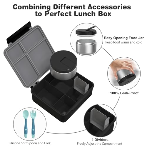 Kids Bento Lunch Box with 8oz Soup Thermo, Water Bottle, Kids Leakproof Lunch Food Containers with 4 Compartment, Insulated Hot Food Jar with Lunch Bag for School, Trvael (Black) - color: Black