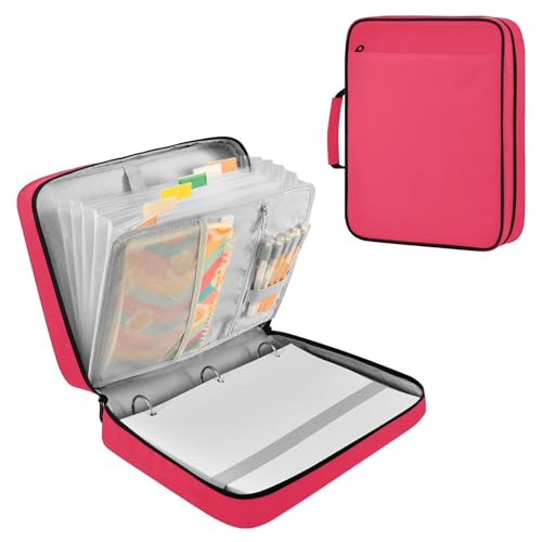 Magenta Pink Zipper Binder Bag with Handle,1.25 Inch 3 Ring O-Ring 500 Sheet Capacity 6 Tab Expanding File Folder Storage Pockets Binder for School Office Organizer Supplies - color: Multicolored-06
