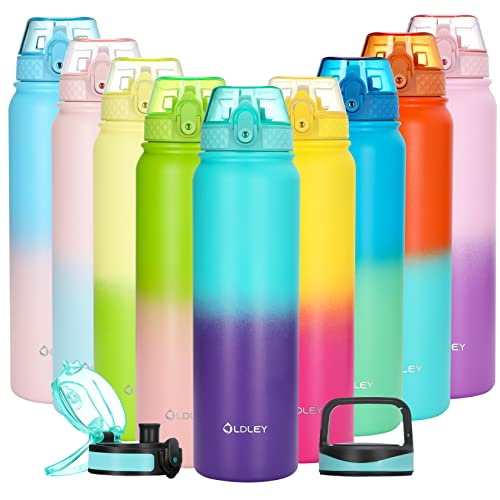 OLDLEY Insulated Water Bottle with Straw 32oz Stainless Steel Water Bottles with 3 lids Double-Wall Vacuum Thermal for Kids Adults School Sports,A-Green-purple - color: A-Green-purple, size: 32 Ounces