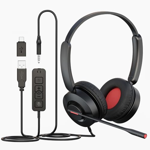 MAIRDI USB Headset with Microphone, 7.1 Surround Sound, USB-A/Type C/3.5mm 3-in-1 Wired Headset with Mic Noise Cancelling & Mute, Computer Headphone for Laptop Home Work Office CallCenter Teams Zoom - color: Black
