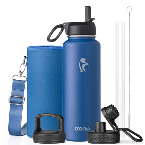 Coolflask Water Bottle 40 oz Insulated with Straw, Stainless Steel Metal 3 Lids Water Flask for Sports or Office, Keep Cold 48H Hot 24H, King's Blue - color: King's Blue, size: 40 Ounces