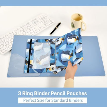 Kcldeci Pencil Pouch for 3 Ring Binder, Penguin Blue Crystal Ice 2 Pack Binder Pencil Pouch with Clear Window Pencil Bags with Zipper Pencil Case for Binder - color: C04