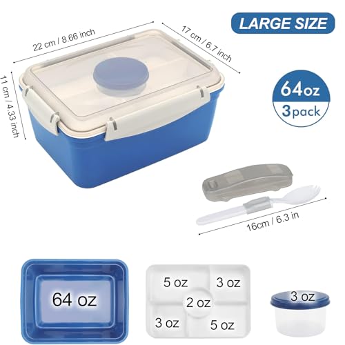 64 oz Salad Containers To Go for Lunch,3 Pack Salad Bowls Bento Lunch Boxes | Large Bento Box with Dressing Pots & 5-Compartments Tray, Food Storage Meal Prep Containers Microwave Dishwasher Safe - color: Dark Green&Rose Red&Dark Blue