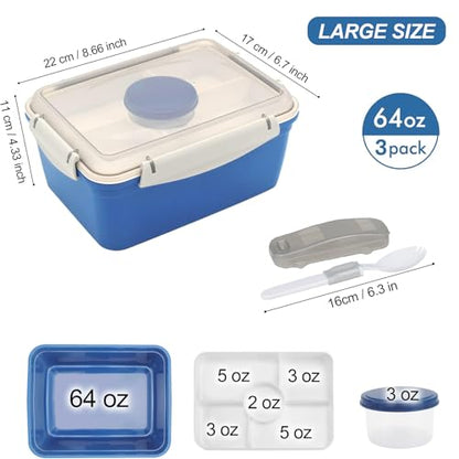 64 oz Salad Containers To Go for Lunch,3 Pack Salad Bowls Bento Lunch Boxes | Large Bento Box with Dressing Pots & 5-Compartments Tray, Food Storage Meal Prep Containers Microwave Dishwasher Safe - color: Dark Green&Rose Red&Dark Blue
