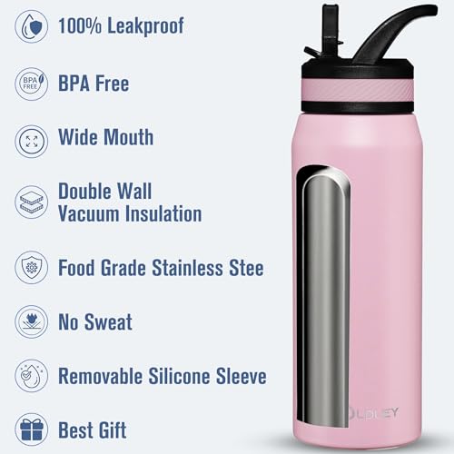OLDLEY 24 oz Insulated Water Bottle With Straw, Stainless Steel Sports Water Cup Flask with 3 Lids(Straw, Spout and Handle Lid) Double Walled Travel Thermal Canteen Mug,No Silicone Base, Lavender Mist - color: Lavender Mist, size: 24 Ounces