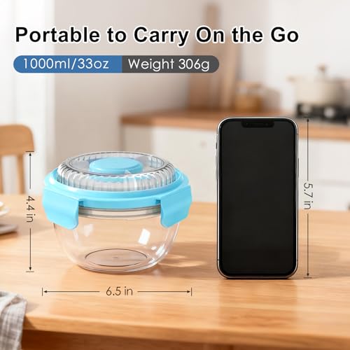 WHALEHOUSE 2-Pack 33 OZ Clear Eco-friendly SK chemicals ECOZEN Salad Container Sets, Portable Plastic Salad Bowls with Lid, Leak-Proof Dressing Container, Bento Lunch Box for Meal Prep & Food Storage - color: Blue-2 Pack