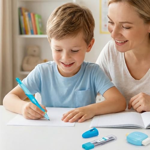Ergonomic Pencil Set, 2.0mm HB Mechanical Pencils for Kids, School Supplies Include Sharpener, Eraser & 6 Extra Leads – Handwriting Aid for Preschool, Kindergarten, Homes, Blue, L - color: Blue