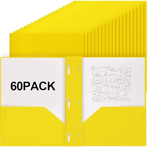 Yeaqee 60 Pcs Plastic Folders with Pockets and Prongs Plastic Folder 2 Pockets 3 Prongs with Card Slot for Office, School for Students, Teachers, Office Workers (Yellow) - color: Yellow