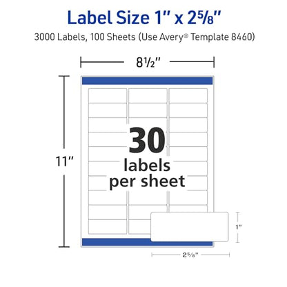 Avery® Easy Peel® Printable Address Labels, Sure Feed® Technology, 1" x 2-5/8" Customizable Stickers, White, 3,000 Blank Mailing Labels, Great for Mailing, Shipping, and More (8460) - size: 1" x 2 5/8", style: 3,000 labels