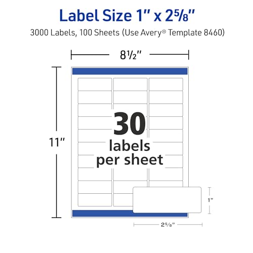 Avery Easy Peel Printable Address Labels with Sure Feed, 1" x 2-5/8" Customizable Stickers, White, 3,000 Blank Mailing Labels, Great for Mailing, Shipping, and More (8460) (Pack of 5) - size: 1 in. X 2-5/8 in. (Pack of 5), style: 3,000 labels