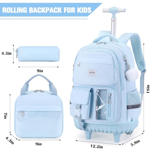 ACESAK Rolling Backpack for Girls, Roller Backpack with Lunch Bag & Pencil Pouch for Teen Girls Kids, Bookbag Backpack with Wheels for Women Elementary Middle High School Travel (Blue) - color: Blue