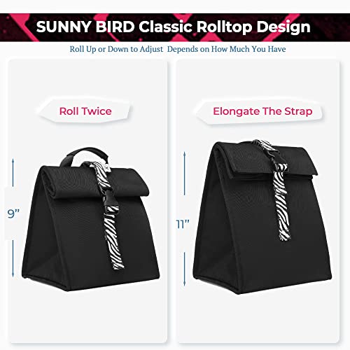 SUNNY BIRD Insulated Lunch Bag Rolltop Lunch Box (Black with white strap) - color: Black with white strap